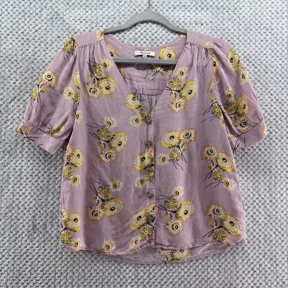 Madewell Top Womens XS Pink Yellow Floral Linen Button Front V-Neck Short Sleeve - Picture 1 of 10